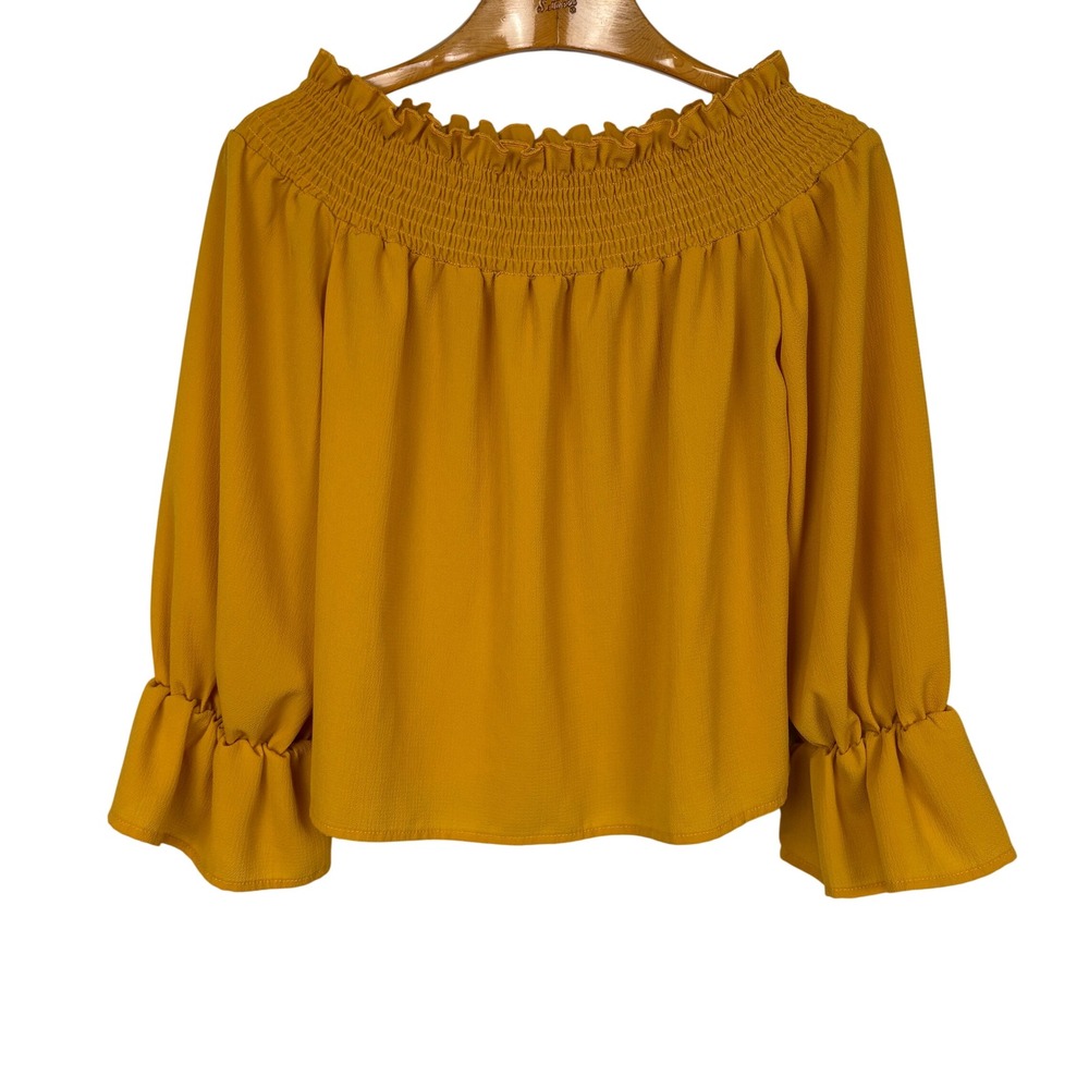 Andthewhy‎ Off The Shoulder Smocked Bell Sleeve Blouse Small Mustard Yellow